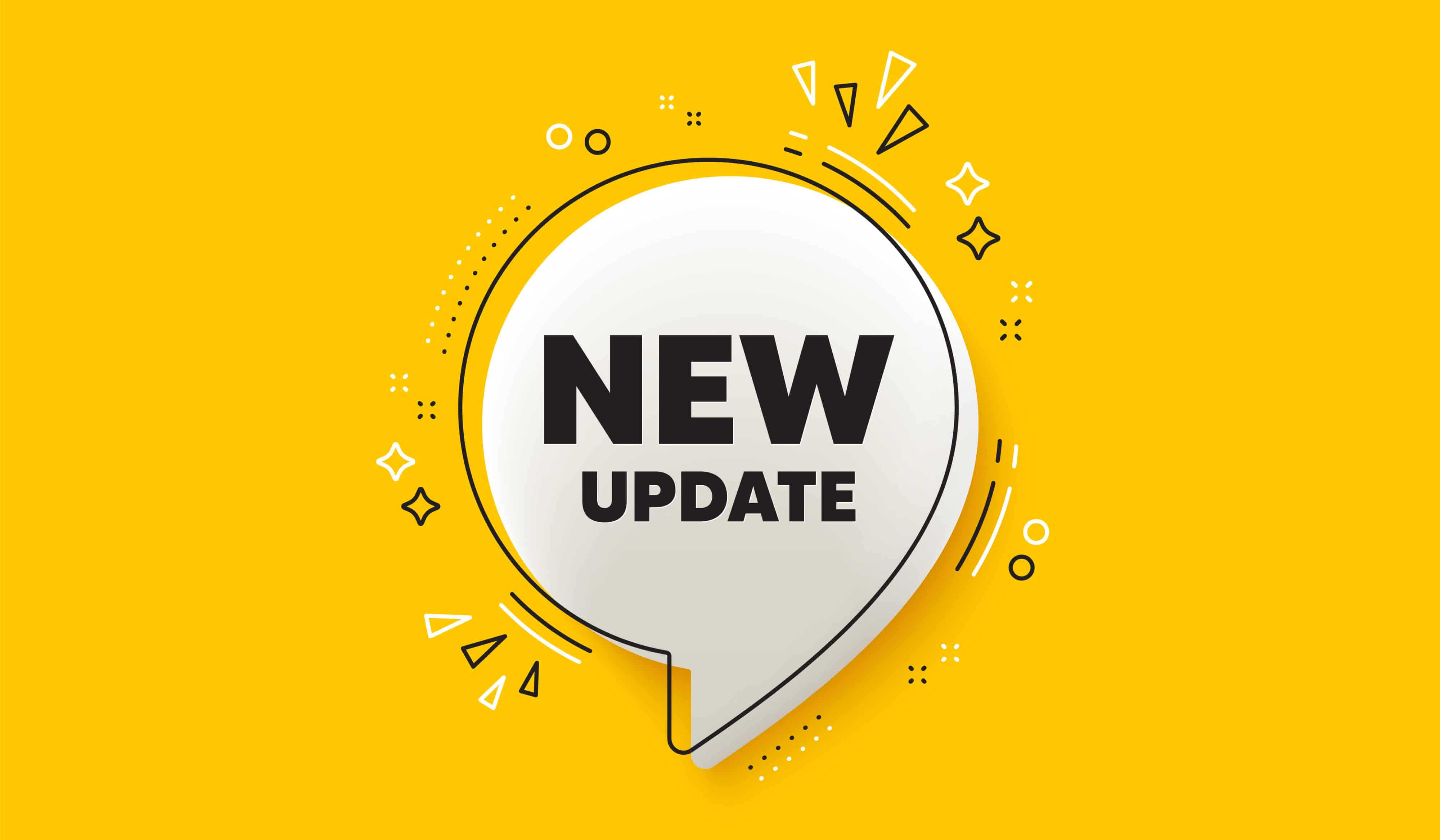 New update icon. 3d speech bubble yellow banner. Special offer sign. Important information available symbol. New update chat speech bubble message. Talk box infographics. Vector