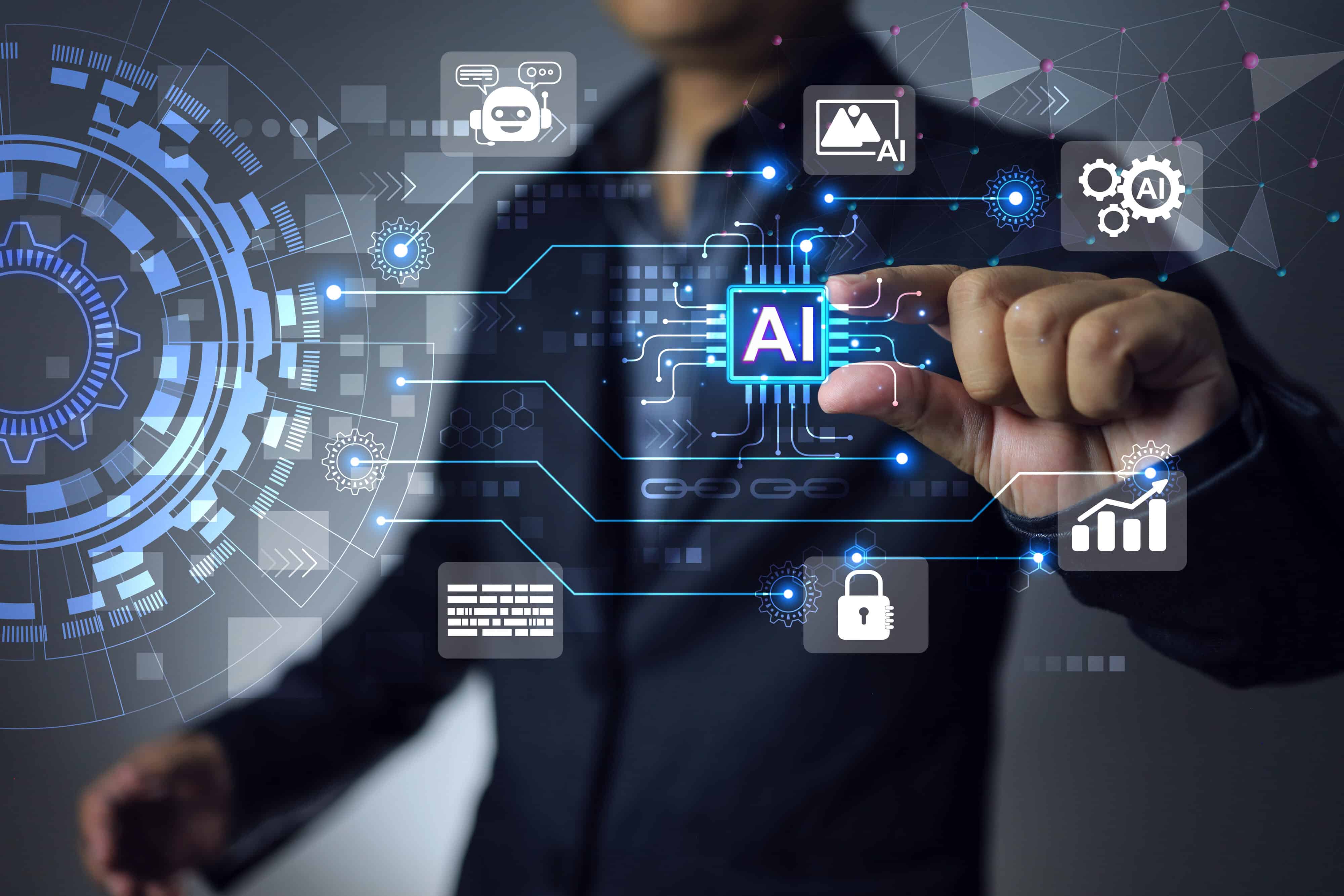 Man holding AI micro chip to applied automation in business process, create photos, work in factory industry instead of human or interact with customer service as chatbot and cyber security guards
